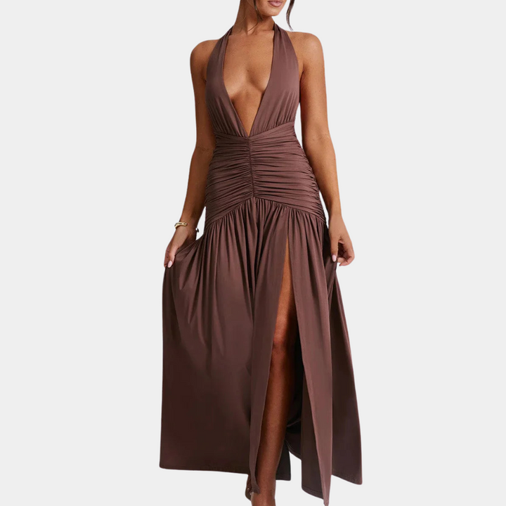 ZEMI - Elegant Pleated Halter Dress for Women