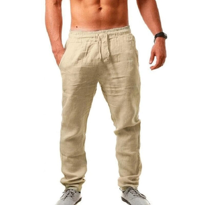 Voorkant khaki zomer linnen broek voor heren